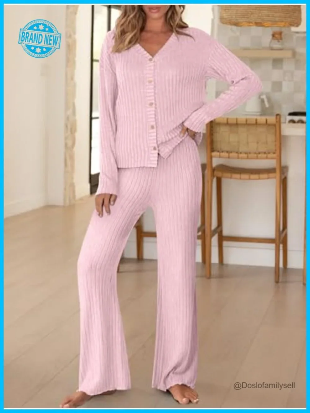 Women's 2 Piece Lounge Pajama Set Ribbed Long Sleeve Button Top Matching Pants